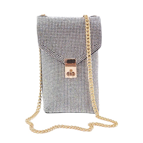 Silver Metallic Rhinestone Phone Pouch Sling Bag - Picture 1 of 6